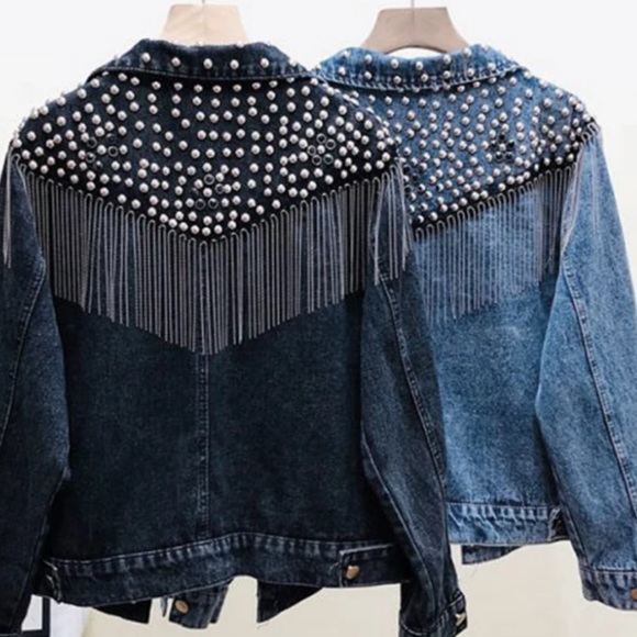 826. LAST 1! Denim Boho Rhinestone Studd  Country Fringe Jacket CLEARANCE - Picture 9 of 9